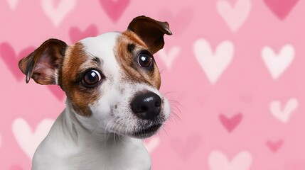 Cute Jack Russell Terrier Puppy on a Pink Heart Background. Valentine's Day Pet Love Portrait.