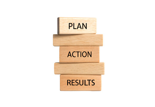 Wooden blocks with Plan, Action, Results stacked in unstable tower, isolated on a transparent background
