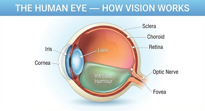 Highresolution Educational Illustration Showing Layered Anatomy Of Human Eye With Labels And Pointers