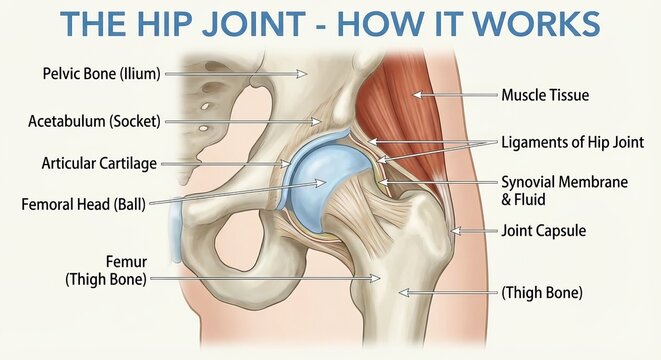 Hip Anatomy Illustration, Educational Diagram Demonstrating Hip Joint Components And Surgical References