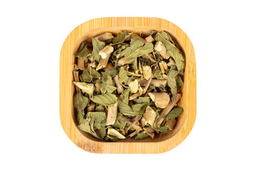 Lemon balm, Melissa officinalis, dried leaves in a wooden bowl isolated on a white background