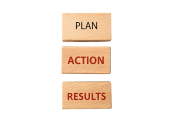 Three wooden blocks arranged vertically spelling Plan, Action, Results with emphasis, isolated on a transparent background