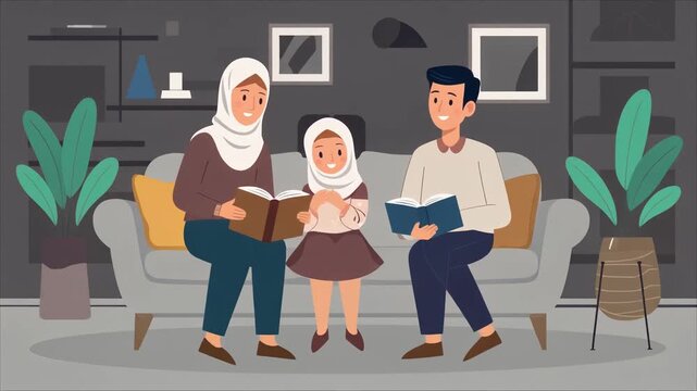 Modern vector illustration of a Muslim family sitting together happily on a sofa, 