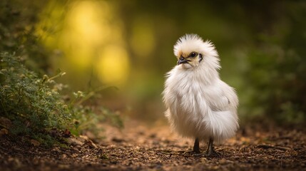 A fluffy, white chicken with a distinctive feathery crest stands prominently on a dirt path, blending perfectly with the greenery of the forest in the background.