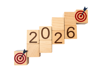 Wooden blocks forming 2026 with target symbols in ascending pattern, isolated on a transparent background