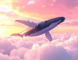 A whale gracefully floating through the clouds under a pink sunset sky, physically accurate 3D lighting and atmospheric realism