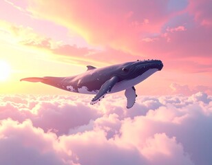 A whale gracefully floating through the clouds under a pink sunset sky, physically accurate 3D lighting and atmospheric realism