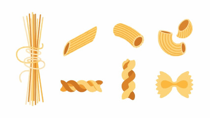 Assorted pasta shapes illustration featuring various types of noodles and macaroni on a clean background from a straightforward viewpoint