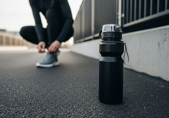 Focused athlete prepares for an intense outdoor workout, tying shoelaces with a black water bottle ready on the asphalt for essential hydration