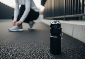 Athlete preparing for a run by tying shoelaces on an outdoor track, with a black water bottle placed on the ground nearby, emphasizing fitness and hydration