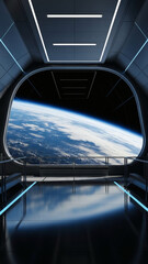 Sleek spaceship interior with glowing accents provides an awe-inspiring panoramic view of Earth from orbit