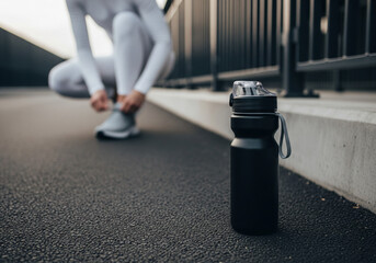 Runner taking a pause to tie her shoes, preparing for a workout, with a water bottle nearby, symbolizing readiness and commitment to fitness and health in an outdoor urban setting