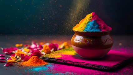 Vibrant holi colors in a clay pot on a colorful background