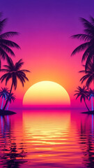 A radiant pink and purple sunset illuminates a tropical ocean scene with palm trees