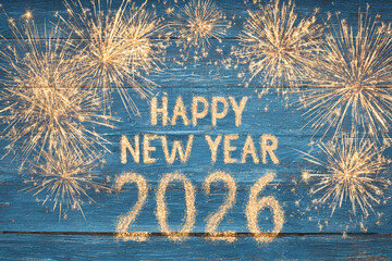 Happy New Year 2026 written in golden glitter with bright sparkling fireworks on a rustic blue wooden background