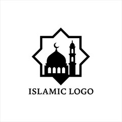 Fototapeta premium A stylized black and white Islamic mosque logo design, featuring a dome, minaret, and star-shaped emblem with the text ISLAMIC LOGO below