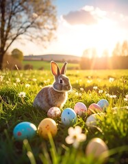 Rabbit sits among Easter eggs and spring blossoms in a sunlit, grassy field at sunset