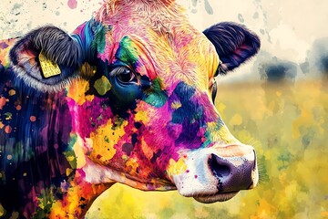 A close-up of a cow's face, adorned with vibrant splashes of color resembling a watercolor painting. 