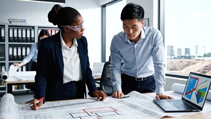 Diverse architects collaborating on blueprints in a modern office, discussing construction plans and architectural designs.