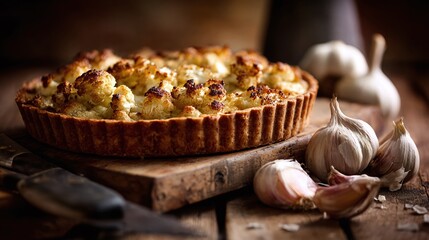 Savor a delightful cauliflower tart, golden-brown crust, paired with fresh garlic cloves. Rustic charm on a wooden board invites culinary indulgence. A feast for the senses!