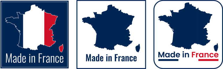 Logos made in France showcasing the country's outline in a square design