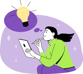 Woman thinks about project with tablet in hand as light bulb appears in thought bubble