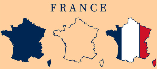 Set of isolated maps showing France in original silhouette and outline styles