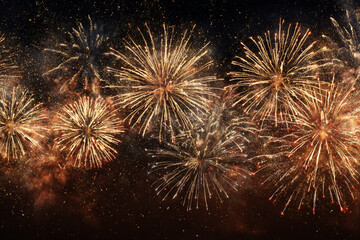 Festive golden fireworks exploding in the night sky with glittering particles