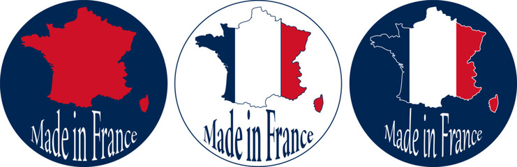 Set of round logos showing France with the phrase made in France, created in France