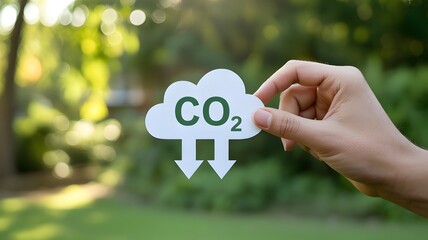 Hand holding CO2 cloud cutout in eco-friendly gesture with green forest background in soft natural lighting for environmental campaign