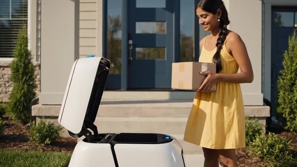 Woman receives delivery from autonomous robot at residential home, using automated last mile service for package.