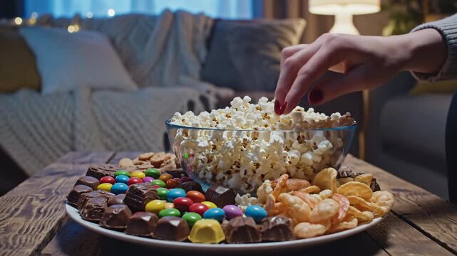 Close up of a table with snacks featuring popcorn and colorful candy in a cozy indoor setting