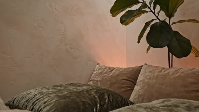 Cozy Living Room Corner with Plush Velvet Pillows and a Lush Fiddle Leaf Fig Plant