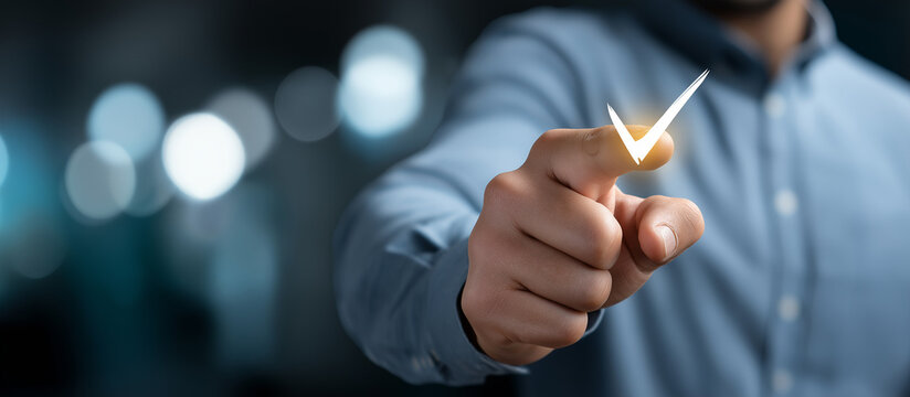 Compliance concept with faceless hand pointing on checkmark heavily defocused background anonymous person to approved implement standards requirement and regulation to work in