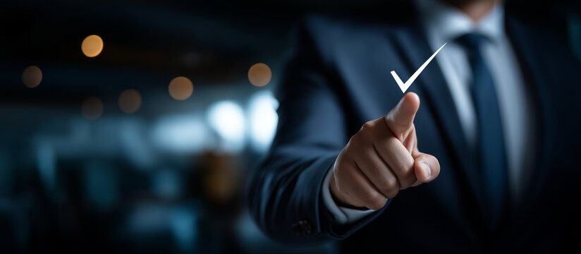 Compliance concept with faceless hand pointing on checkmark heavily defocused background anonymous person to approved implement standards requirement and regulation to work in