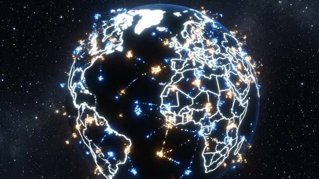 Global network connectivity with illuminated points across the Earth, symbolizing worldwide communication and digital connections.