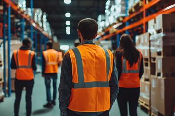 Warehouse team members wearing high-visibility safety vests, navigating aisles filled with inventory and boxes.