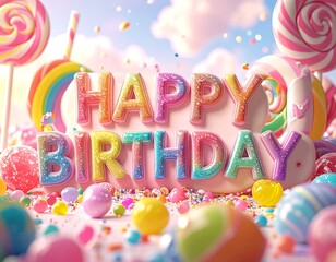 Whimsical birthday scene with candy and colorful text