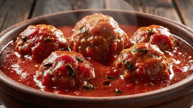 Close up of cooked meatballs in tomato sauce served in a bowl