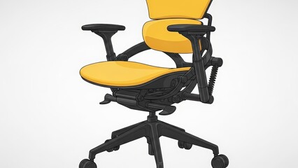 Ergonomic Yellow Office Chair with Black Frame and Wheels on White Background.