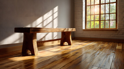Simple wooden bench in empty room lit by gentle morning light 