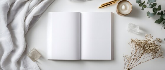 Flat Lay of Blank Open Book with Flowers
