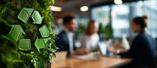 Green recycle symbol decorates office wall heavily defocused eco friendly space background faceless team meeting sustainable workplace promotes waste management eco conscious