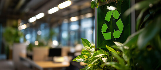Green recycle symbol decorates office wall heavily defocused eco friendly space background faceless team meeting sustainable workplace promotes waste management eco conscious