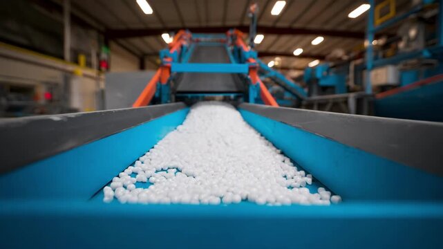 Medium shot of compostable PLA bioplastic pellets being sorted on an automated recycling conveyor in a clean industrial facility.