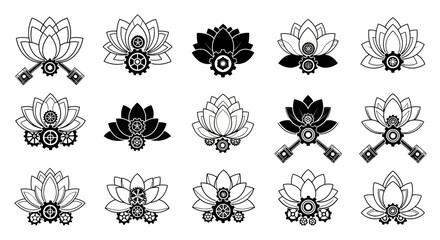 Intricate lotus flower designs merge with industrial gears and pistons, offering a unique blend of nature and machinery for modern creative projects.
