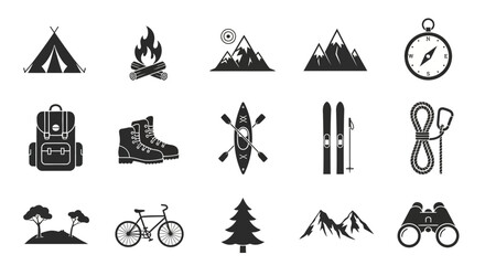 Iconic outdoor adventure gear including tent, campfire, backpack, boots, kayak, skis, rope, compass, bike, trees, mountains, and binoculars for exploration themes. © MUHRODIN