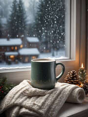 Cozy Winter Christmas Mug on Windowsill with Steam, Snowy City View, and Warm Textiles Creating a Calm Seasonal Lifestyle Mood