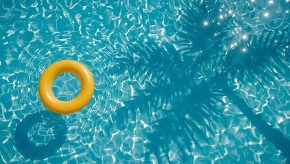 A tranquil scene of a swimming pool with an inflatable ring and palm tree shadow