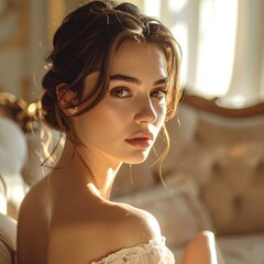 Radiant beauty. A woman gazes back with soft, inviting eyes amidst ornate surroundings bathed in golden light